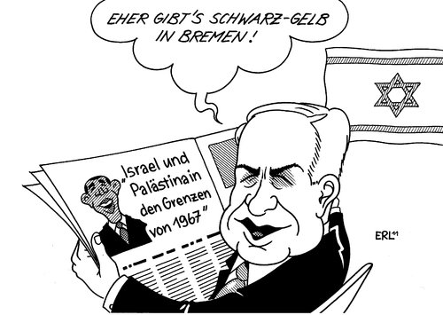 Cartoon: Israel Bremen (medium) by Erl tagged israel,palästina,staat,grenze,1967,rede,barack obama,präsident,bremen,wahl,barack,obama