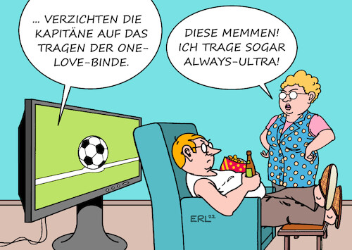 Cartoon: Kapitänsbinde (medium) by Erl tagged politik,sport,fußball,weltmeisterschaft,wm,katar,2022,menschenrechte,demokratie,pressefreiheit,meinungsfreiheit,gleichberechtigung,katastrophe,protest,mannschaften,kapitänsbinde,one,love,verbot,fifa,einknicken,umfallen,damenbinde,always,ultra,ultras,boykott,karikatur,erl,politik,sport,fußball,weltmeisterschaft,wm,katar,2022,menschenrechte,demokratie,pressefreiheit,meinungsfreiheit,gleichberechtigung,katastrophe,protest,mannschaften,kapitänsbinde,one,love,verbot,fifa,einknicken,umfallen,damenbinde,always,ultra,ultras,boykott,karikatur,erl