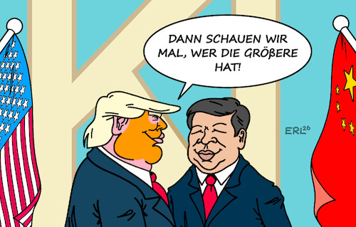 Cartoon: KI-Männer (medium) by Erl tagged politik,besuch,xi,washington,präsident,trump,ai,ki,wettlauf,usa,china,männer,macht,größe,karikatur,erl,politik,besuch,xi,washington,präsident,trump,ai,ki,wettlauf,usa,china,männer,macht,größe,karikatur,erl