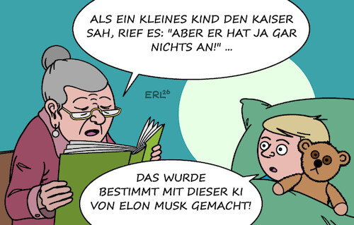 Cartoon: KI-nderleicht (medium) by Erl tagged politik,ai,ki,grok,elon,musk,frauen,nackt,eu,untersuchung,märchen,des,kaisers,neue,kleider,karikatur,erl,politik,ai,ki,grok,elon,musk,frauen,nackt,eu,untersuchung,märchen,des,kaisers,neue,kleider,karikatur,erl