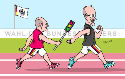 Cartoon: Kleiner Scherz bei Stabübergabe (medium) by Erl tagged politik,regierung,wechsel,wahl,bundeskanzler,stabübergabe,scholz,merz,ampel,scherz,karikatur,erl,politik,regierung,wechsel,wahl,bundeskanzler,stabübergabe,scholz,merz,ampel,scherz,karikatur,erl