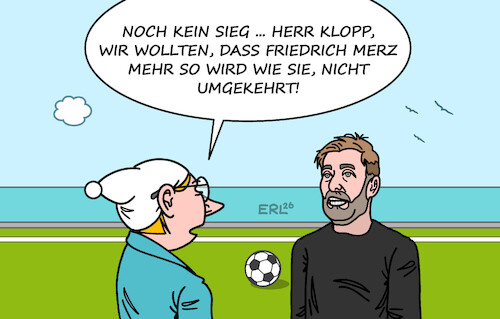 Cartoon: Klopp (medium) by Erl tagged politik,sport,fußball,bundestrainer,jürgen,klopp,begeisterung,ernüchterung,unentschieden,niederlage,vorbild,bundeskanzler,friedrich,merz,michel,karikatur,erl,politik,sport,fußball,bundestrainer,jürgen,klopp,begeisterung,ernüchterung,unentschieden,niederlage,vorbild,bundeskanzler,friedrich,merz,michel,karikatur,erl