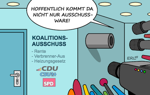 Cartoon: Koalitionsausschuss (medium) by Erl tagged politik,koalitionsausschuss,cdu,csu,spd,rente,verbrenner,aus,heizungsgesetz,erwartungen,druck,ausschussware,karikatur,erl,politik,koalitionsausschuss,cdu,csu,spd,rente,verbrenner,aus,heizungsgesetz,erwartungen,druck,ausschussware,karikatur,erl