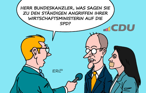 Cartoon: Koalitionsklimakleber (medium) by Erl tagged politik,koalition,wirtschaftsministerin,reiche,cdu,angriffe,spd,missfallen,bundeskanzler,merz,geduld,pflaster,mund,karikatur,erl,politik,koalition,wirtschaftsministerin,reiche,cdu,angriffe,spd,missfallen,bundeskanzler,merz,geduld,pflaster,mund,karikatur,erl