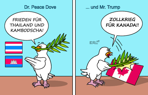 Krieg und Frieden (medium) Cartoon: Krieg und Frieden (medium) by Erl tagged politik,usa,trump,waffenstillstand,thailand,kambodscha,frieden,krieg,zölle,zollkrieg,kanada,friedenstaube,karikatur,erl,politik,usa,trump,waffenstillstand,thailand,kambodscha,frieden,krieg,zölle,zollkrieg,kanada,friedenstaube,karikatur,erl