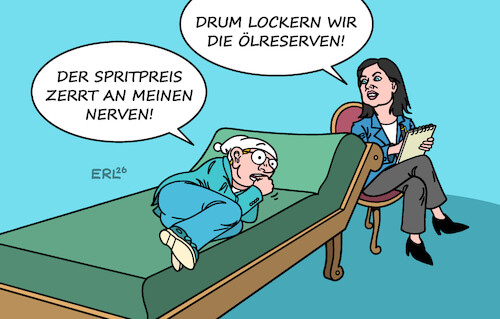Cartoon: Lockerungsübungen (medium) by Erl tagged politik,irankrieg,anstieg,ölpreis,benzin,diesel,autofahren,teuer,freigabe,ölreserven,wirtschaftsministerin,reiche,karikatur,erl,politik,irankrieg,anstieg,ölpreis,benzin,diesel,autofahren,teuer,freigabe,ölreserven,wirtschaftsministerin,reiche,karikatur,erl