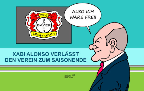 Cartoon: Meistertrainer (medium) by Erl tagged politik,sport,fußball,bayer,leverkusen,meister,trainer,xabi,alonso,abschied,altbundeskanzler,olaf,scholz,karikatur,erl,politik,sport,fußball,bayer,leverkusen,meister,trainer,xabi,alonso,abschied,altbundeskanzler,olaf,scholz,karikatur,erl