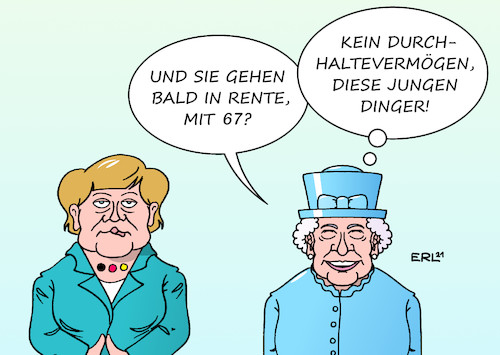 Cartoon: Merkel bei der Queen (medium) by Erl tagged politik,bundeskanzlerin,angela,merkel,herbst,rente,67,amtszeit,ende,besuch,großbritannien,königin,queen,elizabeth,rekord,regierungszeit,jahre,durchhaltevermögen,pflichtbewusstsein,pflicht,alter,jugend,karikatur,erl,politik,bundeskanzlerin,angela,merkel,herbst,rente,67,amtszeit,ende,besuch,großbritannien,königin,queen,elizabeth,rekord,regierungszeit,jahre,durchhaltevermögen,pflichtbewusstsein,pflicht,alter,jugend,karikatur,erl