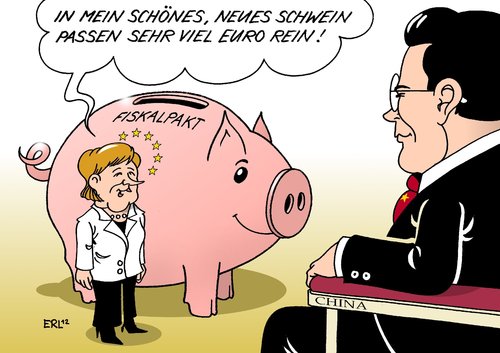 Cartoon: Merkel China (medium) by Erl tagged bundeskanzlerin,angela,merkel,besuch,china,eu,euro,schulden,krise,fiskalpakt,schuldenbremse,sparkurs,sparen,rettungsschirm,investition,investoren,geldgeber,geld,bundeskanzlerin,angela merkel,besuch,china,eu,krise,fiskalpakt,schuldenbremse,sparkurs,rettungsschirm,investition,investoren,geldgeber,geld,angela,merkel