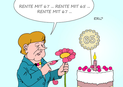 Cartoon: Merkel Geburtstag (medium) by Erl tagged politik,bundeskanzlerin,angela,merkel,geburtstag,65,rentenalter,rente,mit,67,amtszeit,ende,große,koalition,cdu,csu,spd,instabil,bruch,geburtstagstorte,kerze,blume,karikatur,erl,politik,bundeskanzlerin,angela,merkel,geburtstag,65,rentenalter,rente,mit,67,amtszeit,ende,große,koalition,cdu,csu,spd,instabil,bruch,geburtstagstorte,kerze,blume,karikatur,erl
