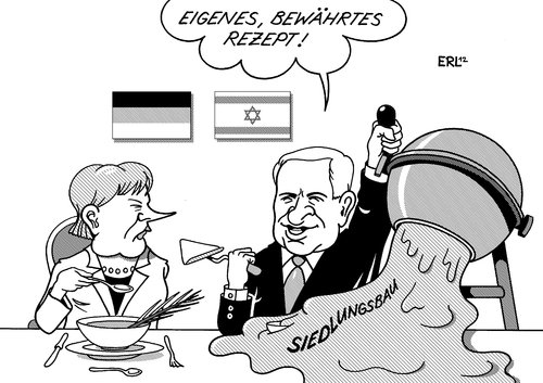 Cartoon: Merkel Netanjahu (medium) by Erl tagged merkel,netanjahu,deutschland,israel,besuch,nahost,konflikt,palästina,westjordanland,siedlungsbau,beton,zement,rezept,empfang,essen,betonmischmaschine
