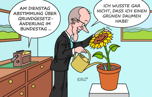 Cartoon: Merz entdeckt grünen Daumen (medium) by Erl tagged politik,koalition,cdu,csu,spd,schulden,finanzen,änderung,grundgesetz,abstimmung,bundestag,merz,grüne,karikatur,erl,politik,koalition,cdu,csu,spd,schulden,finanzen,änderung,grundgesetz,abstimmung,bundestag,merz,grüne,karikatur,erl