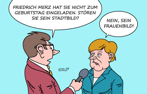 Cartoon: Merz Geburtstag (medium) by Erl tagged politik,kanzler,merz,70,geburtstag,keine,einladung,altkanzlerin,merkel,stadtbild,migration,frauenbild,karikatur,erl,politik,kanzler,merz,70,geburtstag,keine,einladung,altkanzlerin,merkel,stadtbild,migration,frauenbild,karikatur,erl