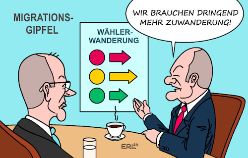 Cartoon: Migrationsgipfel (medium) by Erl tagged wahl,thüringen,sachsen,wählerwanderung,ampel,migration,scholz,merz,karikatur,erl,wahl,thüringen,sachsen,wählerwanderung,ampel,migration,scholz,merz,karikatur,erl