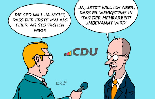 Cartoon: Mit Merz in den Mai (medium) by Erl tagged politik,erster,mai,feiertag,streichung,arbeit,mehrarbeit,streit,merz,cdu,spd,karikatur,erl,politik,erster,mai,feiertag,streichung,arbeit,mehrarbeit,streit,merz,cdu,spd,karikatur,erl