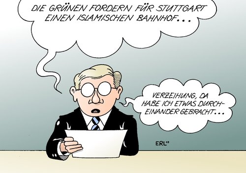 Cartoon: Nachrichten (medium) by Erl tagged grüne,stuttgart,21,bahnhof,islam,integration,nachrichten,durcheinander,grüne,stuttgart 21,bahnhof,islam,integration,nachrichten,durcheinander,stuttgart,21