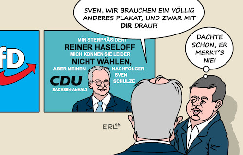 Cartoon: Neues Gesicht (medium) by Erl tagged politik,landtagswahl,sachsen,anhalt,ministerpräsident,reiner,haseloff,rücktritt,nachfolger,sven,schulze,amtsbonus,cdu,afd,karikatur,erl,politik,landtagswahl,sachsen,anhalt,ministerpräsident,reiner,haseloff,rücktritt,nachfolger,sven,schulze,amtsbonus,cdu,afd,karikatur,erl