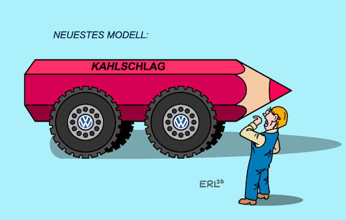 Cartoon: Neuestes Modell (medium) by Erl tagged politik,industrie,auto,autobauer,volkswagen,vw,krise,sparkurs,rotstift,entlassungen,werksschließungen,karikatur,erl,politik,industrie,auto,autobauer,volkswagen,vw,krise,sparkurs,rotstift,entlassungen,werksschließungen,karikatur,erl