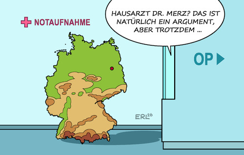 Cartoon: Notfallversorgung (medium) by Erl tagged politik,reform,notfallversorgung,notaufnahme,überlastung,deutschland,hausarzt,merz,karikatur,erl,politik,reform,notfallversorgung,notaufnahme,überlastung,deutschland,hausarzt,merz,karikatur,erl