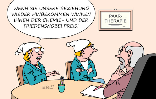 Cartoon: Paartherapie (medium) by Erl tagged politik,deutschland,tag,der,deutschen,einheit,wiedervereinigung,oktober,1990,33,jahre,brd,ddr,west,ost,wessi,ossi,denken,vorurteile,mauer,köpfe,enttäuschung,kränkung,kommunikation,ehe,paar,therapie,paartherapie,nobelpreis,chemie,frieden,friedensnobelpreis,karikatur,erl,politik,deutschland,tag,der,deutschen,einheit,wiedervereinigung,oktober,1990,33,jahre,brd,ddr,west,ost,wessi,ossi,denken,vorurteile,mauer,köpfe,enttäuschung,kränkung,kommunikation,ehe,paar,therapie,paartherapie,nobelpreis,chemie,frieden,friedensnobelpreis,karikatur,erl