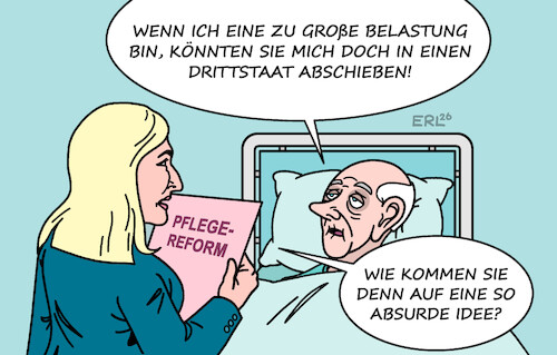 Cartoon: Pflegereform (medium) by Erl tagged politik,alter,pflege,kosten,pflegereform,gesundheitsministerin,warken,eu,asylreform,drittstaaten,karikatur,erl,politik,alter,pflege,kosten,pflegereform,gesundheitsministerin,warken,eu,asylreform,drittstaaten,karikatur,erl