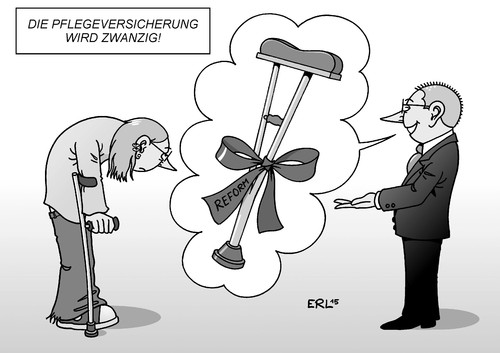 Cartoon: Pflegeversicherung (medium) by Erl tagged pflegeversicherung,geburtstag,zwanzig,pflegefall,pflege,tüv,finanzen,reform,gesundheit,krankheit,jung,alt,jugend,alter