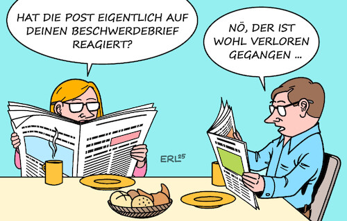 Cartoon: Post (medium) by Erl tagged politik,deutsche,post,zunahme,beschwerden,kunden,briefe,pakete,verschwunden,verloren,karikatur,erl,politik,deutsche,post,zunahme,beschwerden,kunden,briefe,pakete,verschwunden,verloren,karikatur,erl