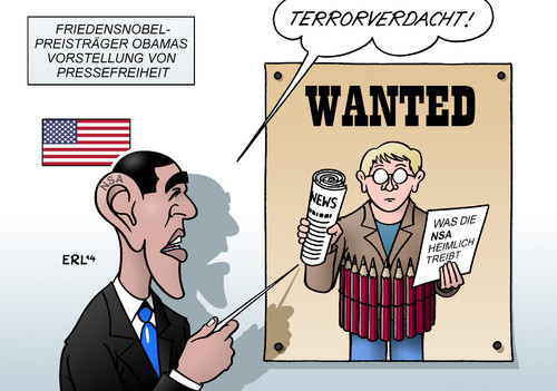 Cartoon: Pressefreiheit USA (medium) by Erl tagged pressefreiheit,journalismus,investigativ,aufdecken,enthüllen,behinderung,einschüchterung,usa,geheimdienst,nsa,terrorverdacht,terror,terrorismus,präsident,barack,obama,friedensnobelpreis,friedensnobelpreisträger,fahndung,fahndungsplakat,wanted,bleistift,sprengstoff,sprengstoffgürtel,zeitung,pressefreiheit,journalismus,investigativ,aufdecken,enthüllen,behinderung,einschüchterung,usa,geheimdienst,nsa,terrorverdacht,terror,terrorismus,präsident,barack,obama,friedensnobelpreis,friedensnobelpreisträger,fahndung,fahndungsplakat,wanted,bleistift,sprengstoff,sprengstoffgürtel,zeitung