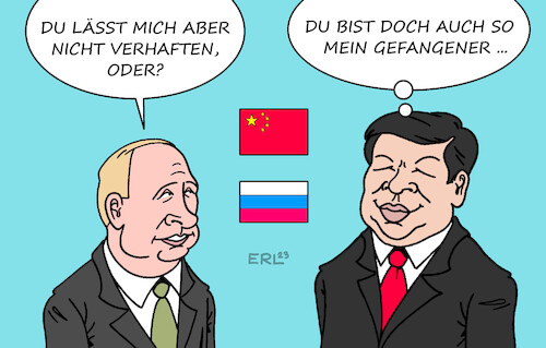 Cartoon: Putin bei Xi (medium) by Erl tagged politik,krieg,angriff,überfall,russland,ukraine,internationaler,strafgerichtshof,den,haag,haftbefehl,wladimir,putin,abhängigkeit,china,besuch,xi,jinping,karikatur,erl,politik,krieg,angriff,überfall,russland,ukraine,internationaler,strafgerichtshof,den,haag,haftbefehl,wladimir,putin,abhängigkeit,china,besuch,xi,jinping,karikatur,erl