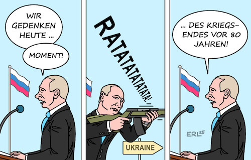 Cartoon: Putin gedenkt (medium) by Erl tagged politik,gedenken,ende,zweiter,weltkrieg,russland,putin,krieg,überfall,ukraine,karikatur,erl,politik,gedenken,ende,zweiter,weltkrieg,russland,putin,krieg,überfall,ukraine,karikatur,erl