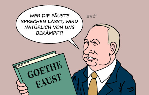 Cartoon: Putins Antwort (medium) by Erl tagged politik,russland,hybrid,krieg,deutschland,drohnen,anschläge,putin,schließung,goethe,institut,faust,karikatur,erl,politik,russland,hybrid,krieg,deutschland,drohnen,anschläge,putin,schließung,goethe,institut,faust,karikatur,erl