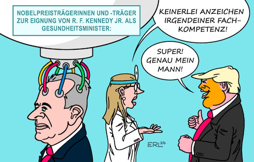 Cartoon: R. F. Kennedy Jr. (medium) by Erl tagged politik,usa,trump,gesundheitsminister,robert,kennedy,junior,nobelpreisträgerinnen,nobelpreisträger,protest,karikatur,erl,politik,usa,trump,gesundheitsminister,robert,kennedy,junior,nobelpreisträgerinnen,nobelpreisträger,protest,karikatur,erl