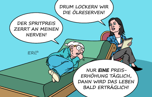 Cartoon: Reiches Rezept (medium) by Erl tagged politik,irankrieg,anstieg,ölpreis,benzin,diesel,autofahren,teuer,freigabe,ölreserven,wirtschaftsministerin,reiche,erhhöhung,spritpreis,einmal,tag,karikatur,erl,politik,irankrieg,anstieg,ölpreis,benzin,diesel,autofahren,teuer,freigabe,ölreserven,wirtschaftsministerin,reiche,erhhöhung,spritpreis,einmal,tag,karikatur,erl