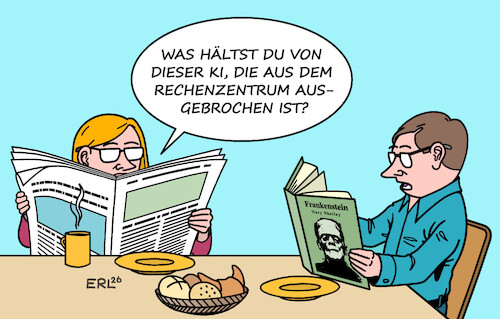 Cartoon: Romanvorlage (medium) by Erl tagged politik,ai,ki,künstliche,intelligenz,ausbruch,rechenzentrum,hacker,angriff,roman,frankenstein,mary,shelley,karikatur,erl,politik,ai,ki,künstliche,intelligenz,ausbruch,rechenzentrum,hacker,angriff,roman,frankenstein,mary,shelley,karikatur,erl