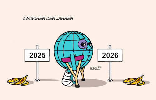 Cartoon: Same procedure as last year (medium) by Erl tagged politik,weihnachten,silvester,neujahr,erde,trump,bananenschale,2025,2026,karikatur,erl,politik,weihnachten,silvester,neujahr,erde,trump,bananenschale,2025,2026,karikatur,erl