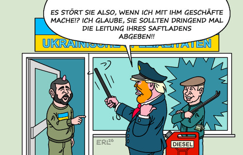 Cartoon: Schande durch Handel (medium) by Erl tagged politik,usa,trump,irankrieg,anstieg,spritpreis,kauf,diesel,putin,russland,krieg,überfall,ukraine,selenskyj,laden,polizei,einbruch,karikatur,erl,politik,usa,trump,irankrieg,anstieg,spritpreis,kauf,diesel,putin,russland,krieg,überfall,ukraine,selenskyj,laden,polizei,einbruch,karikatur,erl