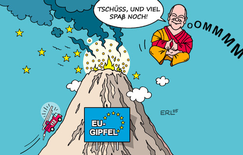 Cartoon: Scholz entrückt (medium) by Erl tagged politik,eu,gipfel,vulkan,feuerwehr,verteidigung,ukraine,trump,putin,autokratie,scholz,abschied,meditation,karikatur,erl,politik,eu,gipfel,vulkan,feuerwehr,verteidigung,ukraine,trump,putin,autokratie,scholz,abschied,meditation,karikatur,erl