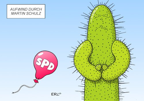 Cartoon: Schulz Merkel (medium) by Erl tagged martin,schulz,kanzlerkandidat,vorsitzender,spd,aufwind,rückenwind,herausforderer,bundeskanzlerin,angela,merkel,cdu,beliebtheit,zugpferd,luftballon,kaktus,traum,platzen,karikatur,erl,martin,schulz,kanzlerkandidat,vorsitzender,spd,aufwind,rückenwind,herausforderer,bundeskanzlerin,angela,merkel,cdu,beliebtheit,zugpferd,luftballon,kaktus,traum,platzen,karikatur,erl