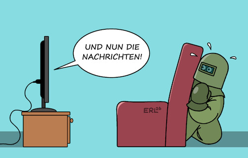 Cartoon: Schwer auszuhalten (medium) by Erl tagged politik,nachrichten,krieg,hantavirus,amokfahrt,psyche,schutz,schutzanzug,karikatur,erl,politik,nachrichten,krieg,hantavirus,amokfahrt,psyche,schutz,schutzanzug,karikatur,erl