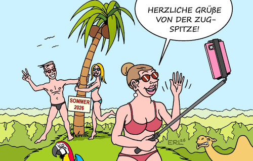 Cartoon: Sommer 2026 (medium) by Erl tagged politik,klima,klimawandel,erderwärmung,hitze,trockenheit,sommer,2026,zugspitze,tropen,karikatur,erl,politik,klima,klimawandel,erderwärmung,hitze,trockenheit,sommer,2026,zugspitze,tropen,karikatur,erl