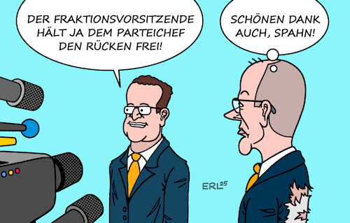 Cartoon: Spahn liefert (medium) by Erl tagged politik,cdu,csu,farktion,fraktionsvorsitz,jens,spahn,probleme,kanzler,merz,rücken,freihalten,rückenfrei,karikatur,erl,politik,cdu,csu,farktion,fraktionsvorsitz,jens,spahn,probleme,kanzler,merz,rücken,freihalten,rückenfrei,karikatur,erl