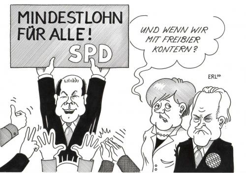Cartoon: SPD Union (medium) by Erl tagged mindestlohn,umfragewerte,schwarz,rot,mindestlohn,umfragewerte,schwarz,rot,spd,cdu,applaus,zuneigung,freibier,merkel