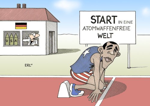 Cartoon: START (medium) by Erl tagged start,vertrag,abrüstung,atomwaffen,stationierung,deutschland,obama,medwedew,usa,russland,start,vertrag,abrüstung,atomwaffen,stationierung,deutschland,barack obama,usa,russland,waffen,militär,verteidigung,krieg,barack,obama