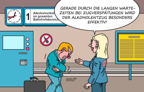Cartoon: Stationärer Entzug (medium) by Erl tagged politik,verkehr,bahn,bahnhof,alkohol,verbot,alkoholverbot,entzug,stationär,bahnchefin,evelyn,palla,karikatur,erl,politik,verkehr,bahn,bahnhof,alkohol,verbot,alkoholverbot,entzug,stationär,bahnchefin,evelyn,palla,karikatur,erl