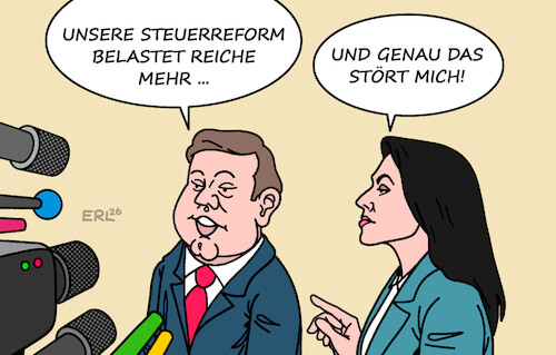 Cartoon: Steuerreform (medium) by Erl tagged politik,finanzen,steuern,steuerreform,koalition,kabinett,cdu,csu,spd,finanzminister,klingbeil,entlastung,untere,einkommen,belastung,reiche,kritik,wirtschaftsministerin,karikatur,erl,politik,finanzen,steuern,steuerreform,koalition,kabinett,cdu,csu,spd,finanzminister,klingbeil,entlastung,untere,einkommen,belastung,reiche,kritik,wirtschaftsministerin,karikatur,erl