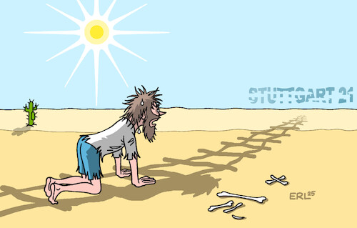 Cartoon: Stuttgart 21 (medium) by Erl tagged politik,verkehr,bahn,projekt,hauptbahnhof,stuttgart,21,kostenexplosion,verzögerung,fata,morgana,wüste,karikatur,erl,politik,verkehr,bahn,projekt,hauptbahnhof,stuttgart,21,kostenexplosion,verzögerung,fata,morgana,wüste,karikatur,erl