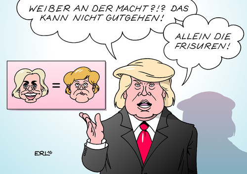 Cartoon: Trump (medium) by Erl tagged donald,trump,vergleich,clinton,merkel,flüchtlinge,politik,frau,macht,usa,wahl,präsidentschaft,präsidentschaftswahl,kandidat,republikaner,populismus,weiber,karikatur,erl,donald,trump,vergleich,clinton,merkel,flüchtlinge,politik,frau,macht,usa,wahl,präsidentschaft,präsidentschaftswahl,kandidat,republikaner,populismus,weiber,karikatur,erl