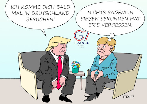 Cartoon: Trump Besuch (medium) by Erl tagged politik,g7,gipfel,usa,präsident,donald,trump,ankündigung,besuch,deutschland,bundeskanzlerin,angela,merkel,diplomatie,aufmerksamkeit,aufmerksamkeitsspanne,ads,karikatur,erl,politik,g7,gipfel,usa,präsident,donald,trump,ankündigung,besuch,deutschland,bundeskanzlerin,angela,merkel,diplomatie,aufmerksamkeit,aufmerksamkeitsspanne,ads,karikatur,erl