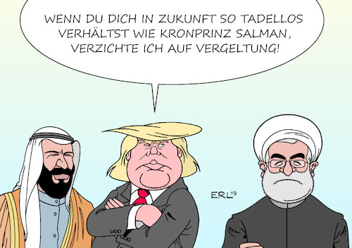 Cartoon: Trump Vergeltung (medium) by Erl tagged politik,konflikt,iran,saudi,arabien,krieg,jemen,angriff,raffinerie,öl,erdöl,usa,trump,verdacht,vergeltung,karikatur,erl,politik,konflikt,iran,saudi,arabien,krieg,jemen,angriff,raffinerie,öl,erdöl,usa,trump,verdacht,vergeltung,karikatur,erl
