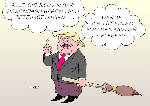 Cartoon: Trumps Rache (medium) by Erl tagged politik,usa,präsident,donald,trump,verdacht,wahlkampf,zusammenarbeit,russland,absprachen,manipulation,untersuchung,fbi,sonderermittler,robert,mueller,bericht,entlastung,unschuld,rede,hexenjagd,hexe,besen,schadenzauber,rache,gegner,demokraten,karikatur,erl,politik,usa,präsident,donald,trump,verdacht,wahlkampf,zusammenarbeit,russland,absprachen,manipulation,untersuchung,fbi,sonderermittler,robert,mueller,bericht,entlastung,unschuld,rede,hexenjagd,hexe,besen,schadenzauber,rache,gegner,demokraten,karikatur,erl